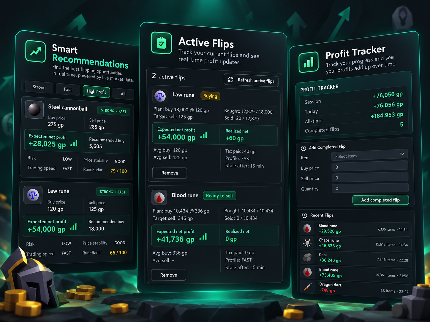 RuneRadar recommendations, active flips and profit tracker