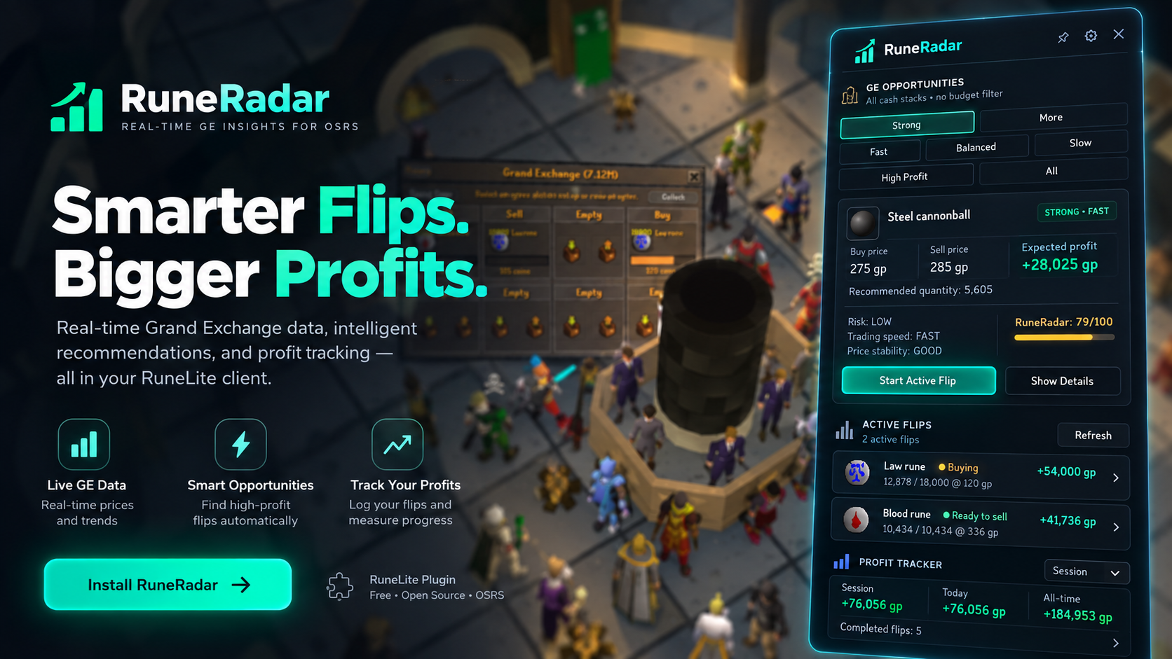 RuneRadar Grand Exchange flipping dashboard